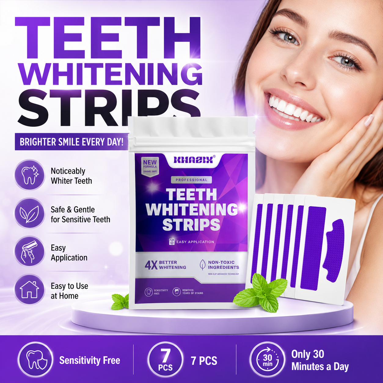Teeth Whitening Home Kit - Teeth Whitening Strips 7 Pairs Purple